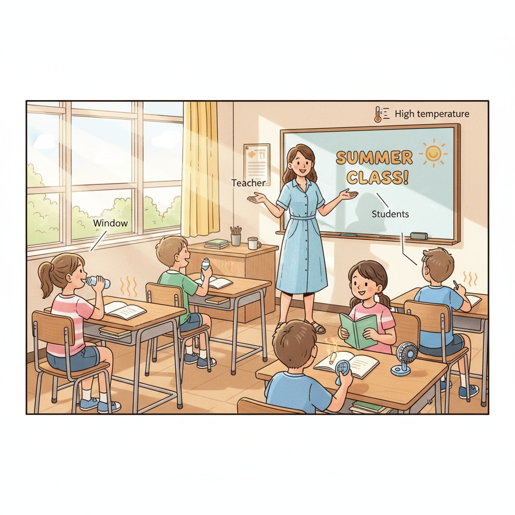 A teacher in a hot classroom wearing suitable summer attire