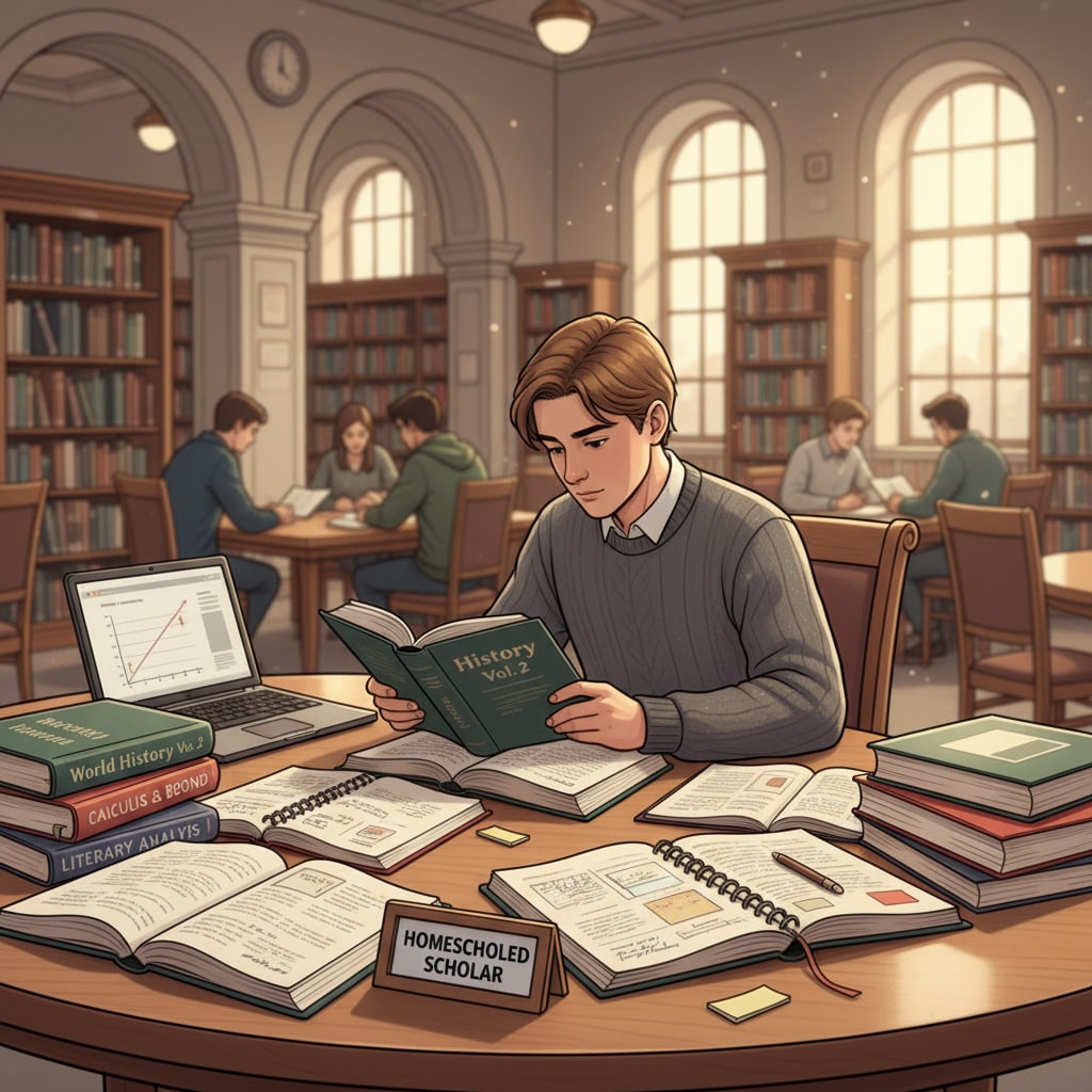 A home-schooled student adapting to the academic environment in a university library