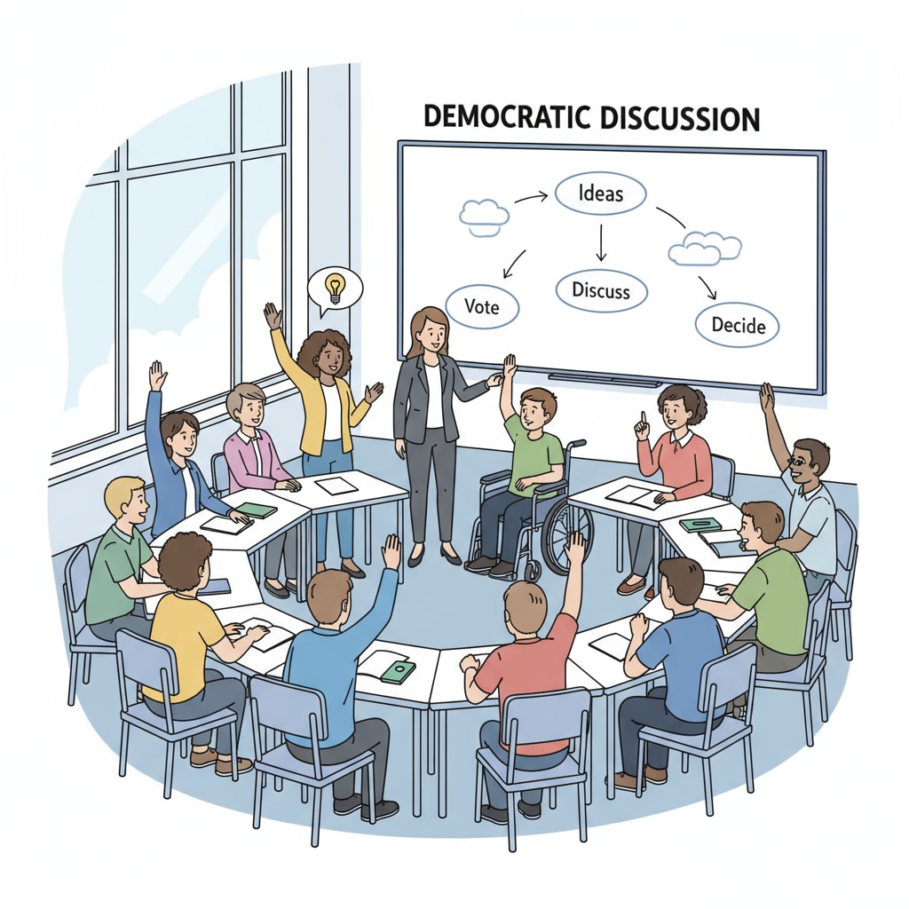 Democratic discussion in a non - traditional school setting involving students and teachers