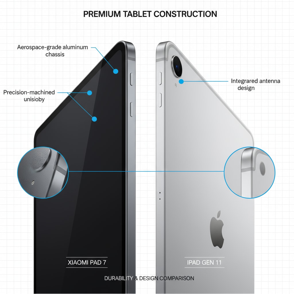 Close-up of Xiaomi Pad 7 and iPad Gen 11 to assess durability for tablet selection, school use, gaming