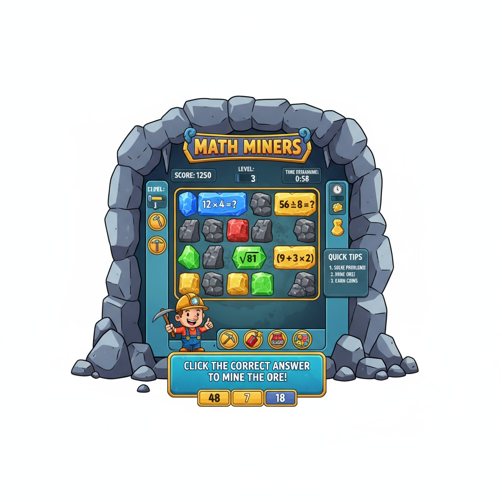 Math Miners game screenshot demonstrating the combination of mining and math education.