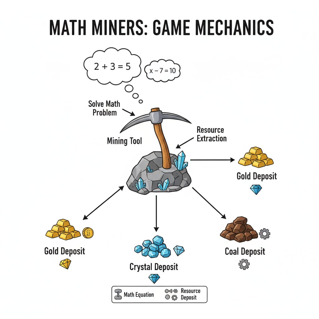 Diagram of Math Miners game mechanics highlighting the connection between math problems and resource extraction in the educational prototype.