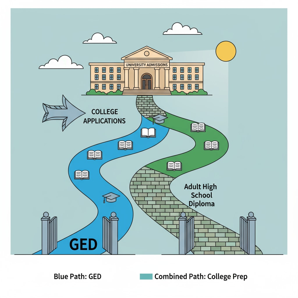 Illustration of GED and Adult High School Diploma paths leading to college applications