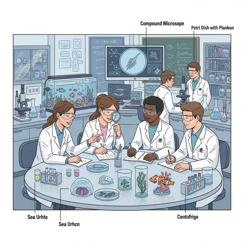 Students with no science background observing marine life in a laboratory as they prepare for a marine biology degree
