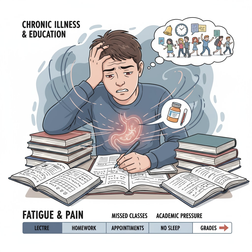 A stressed student with chronic disease in the context of high school studies related to graduation or GED test