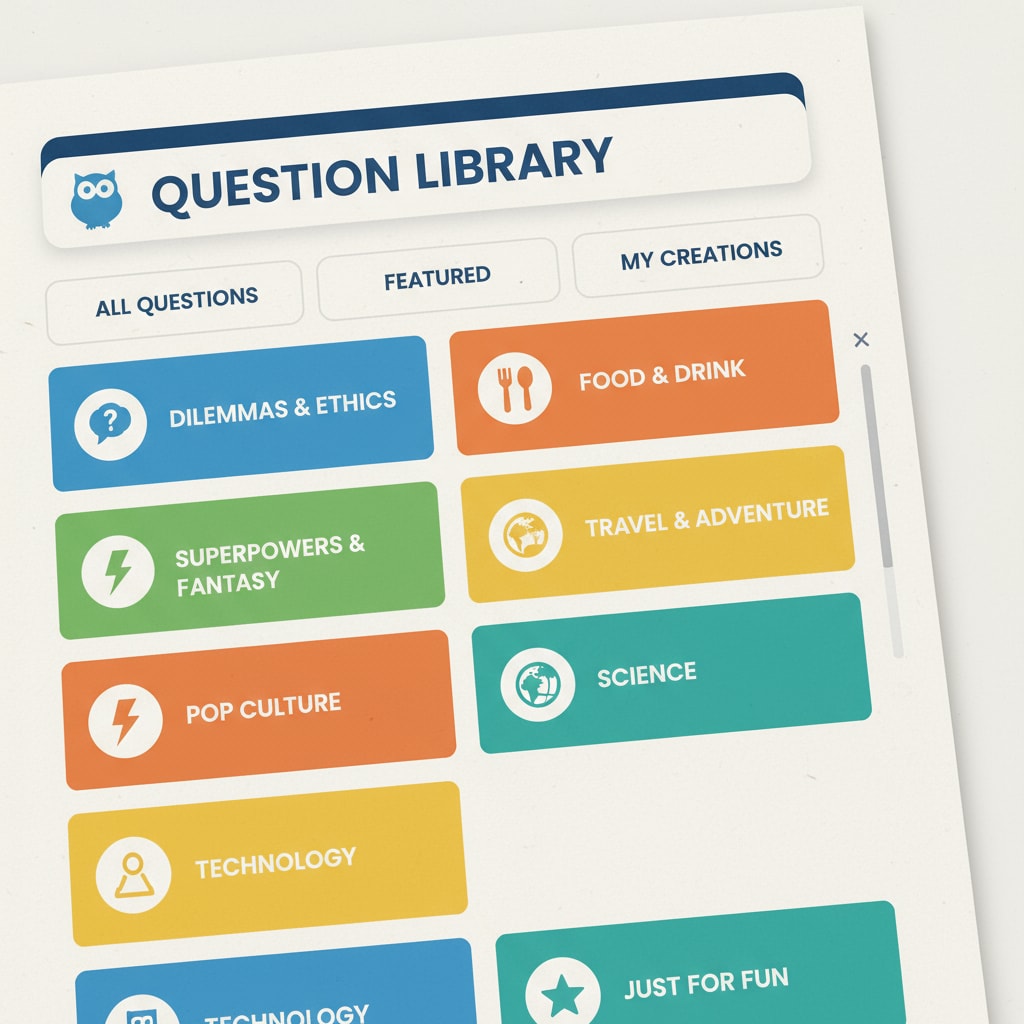 Close-up of the question library on the Would You Rather educational resource website
