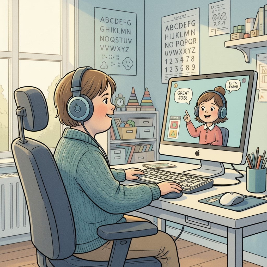 Special needs child engaged in online learning as part of educational choices, school trauma, and alternative education exploration