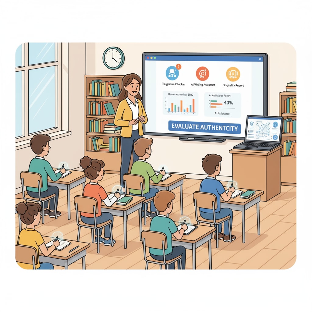 Classroom scene with students writing essays and teacher observing, with AI tools visible on laptop, related to student writing, assignment authenticity, and educational objectives.