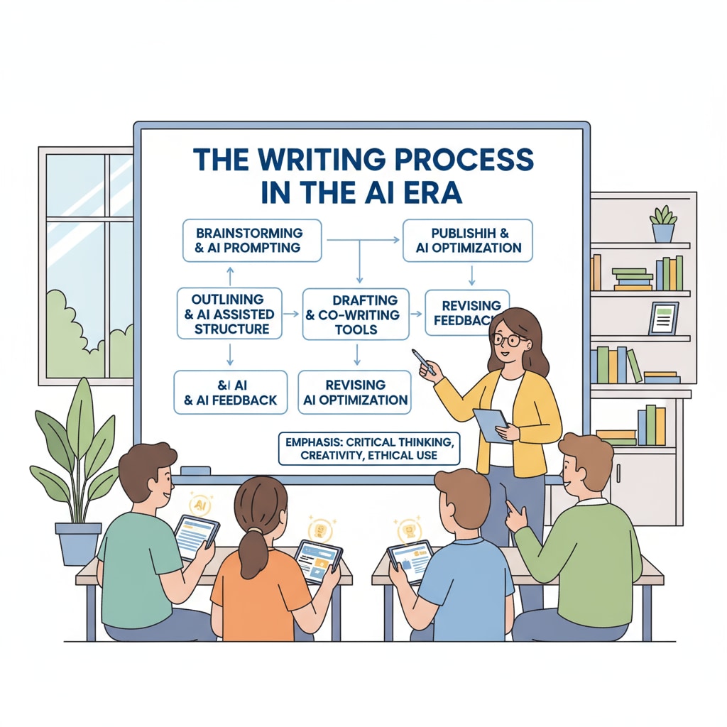 Teacher and students discussing writing process with steps on whiteboard, relevant to student writing, assignment authenticity, and educational objectives.