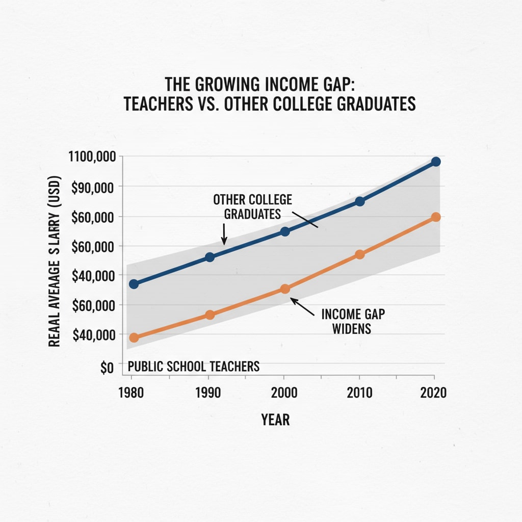 A graph depicting the trend of the income gap between teachers and other college graduates over several decades. Income gap between American teachers and other college graduates