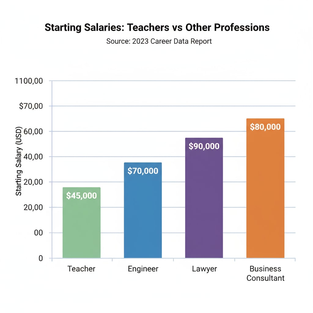 A bar chart showing the starting salaries of teachers compared to other popular professions like engineering, law, and business. Comparison of starting salaries of teachers and other professions