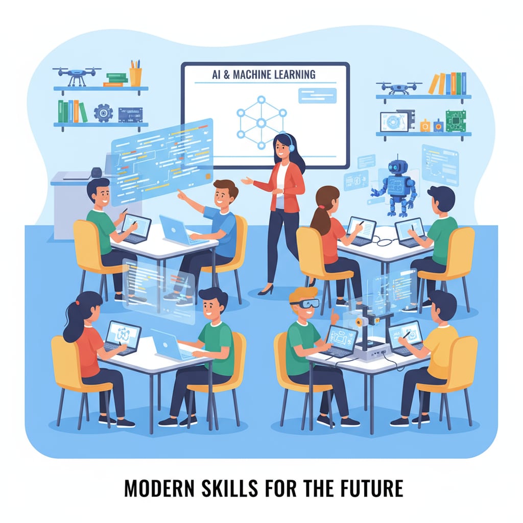 A classroom depicting the imbalance between skill development and basic knowledge in K12 education.