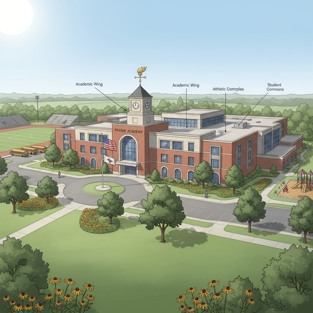 A view of a K12 school building related to Oklahoma and Arkansas education evaluation