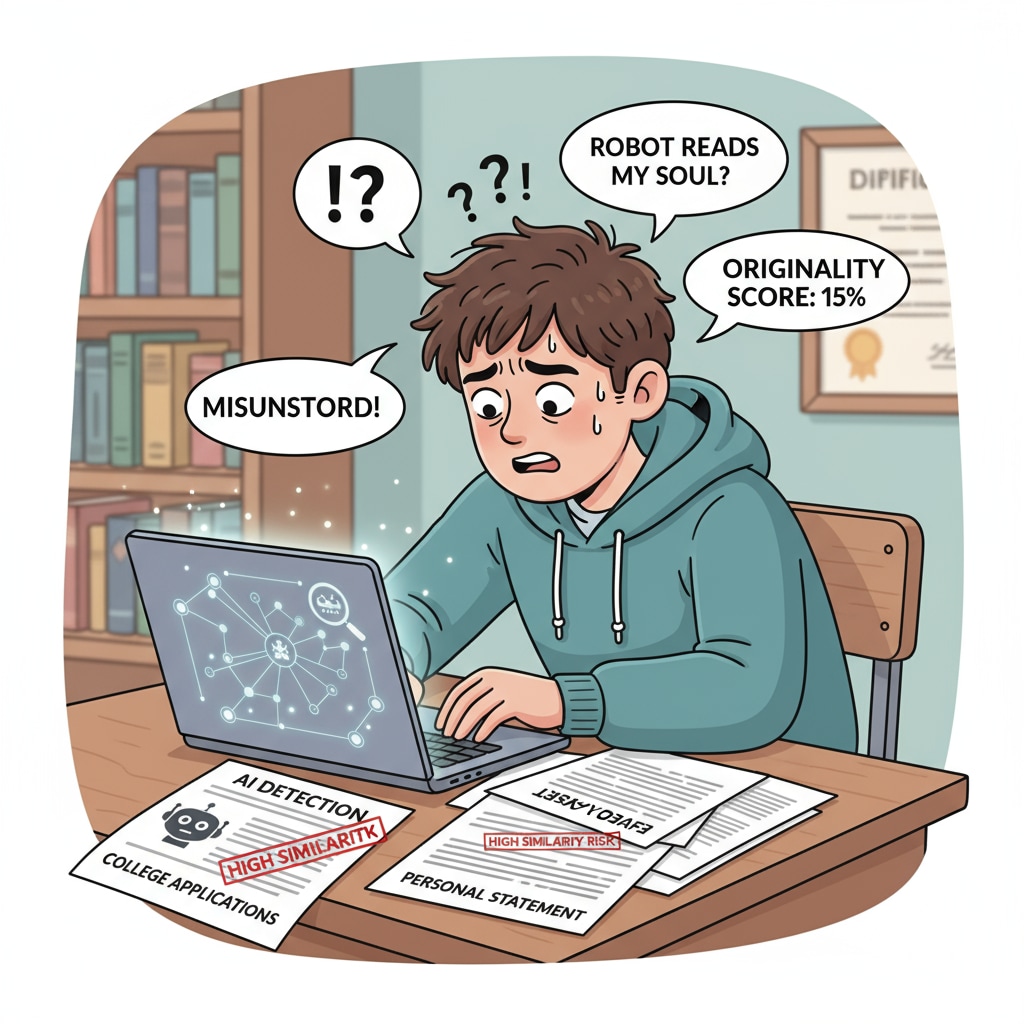 A worried student working on a college application personal statement amidst the fear of AI misjudgment