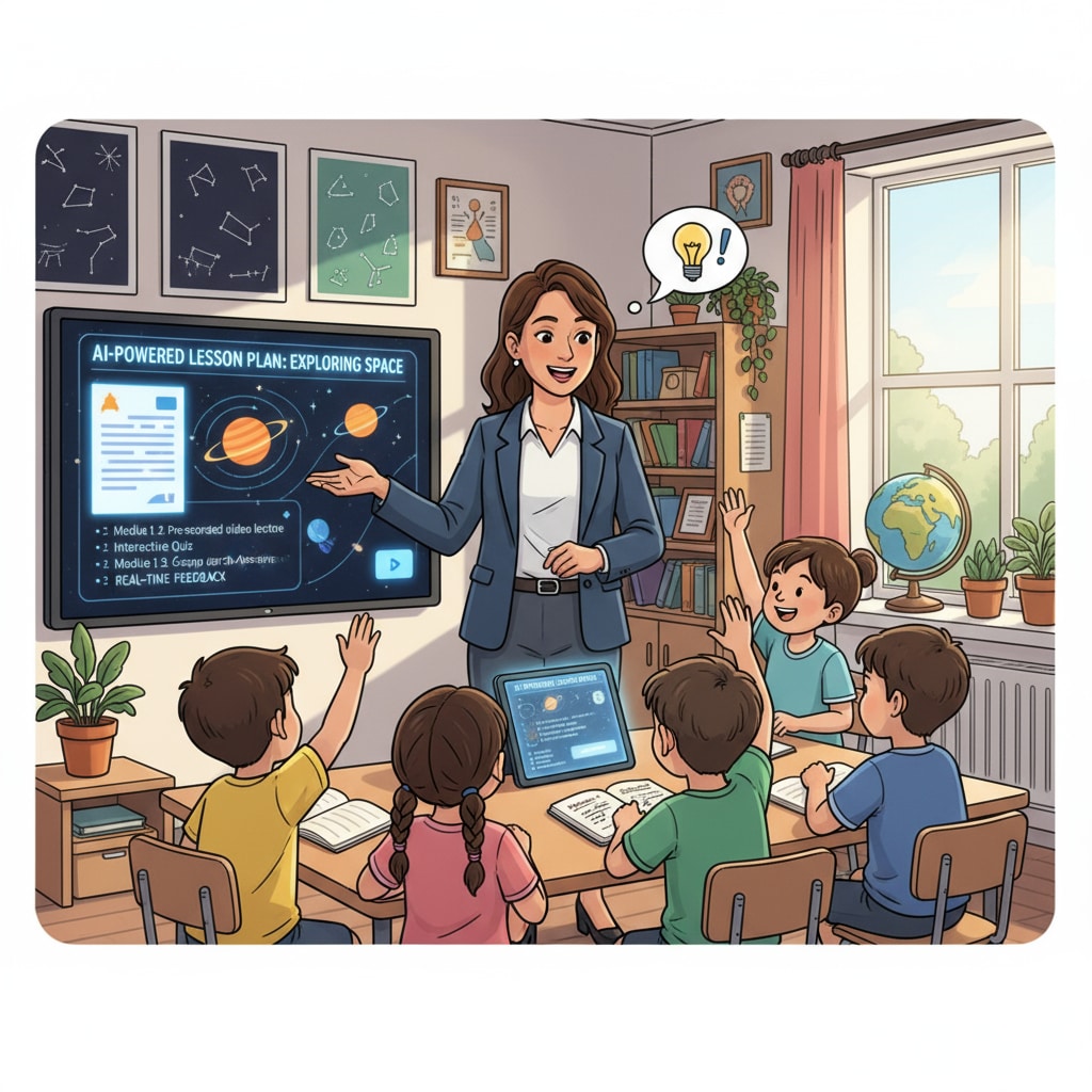 A teacher interacting with students with an AI-generated lesson plan nearby during teaching