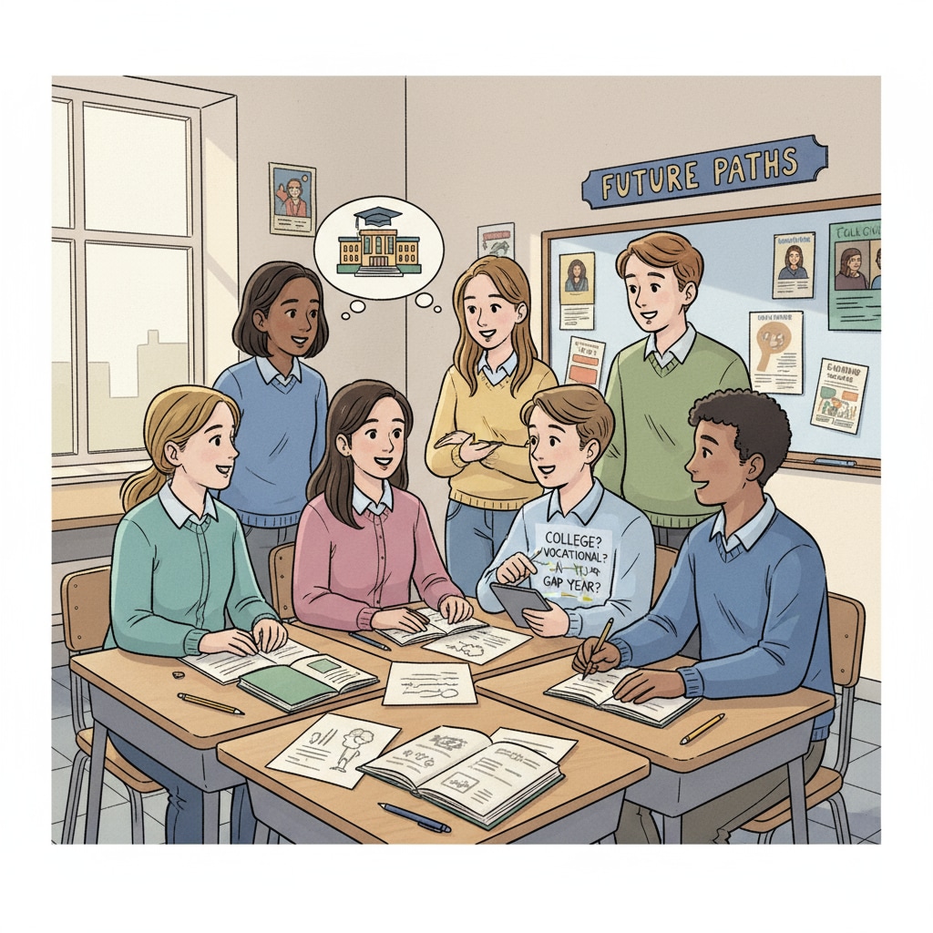 High school students discussing GED test, high school dropout, and further education planning in a classroom