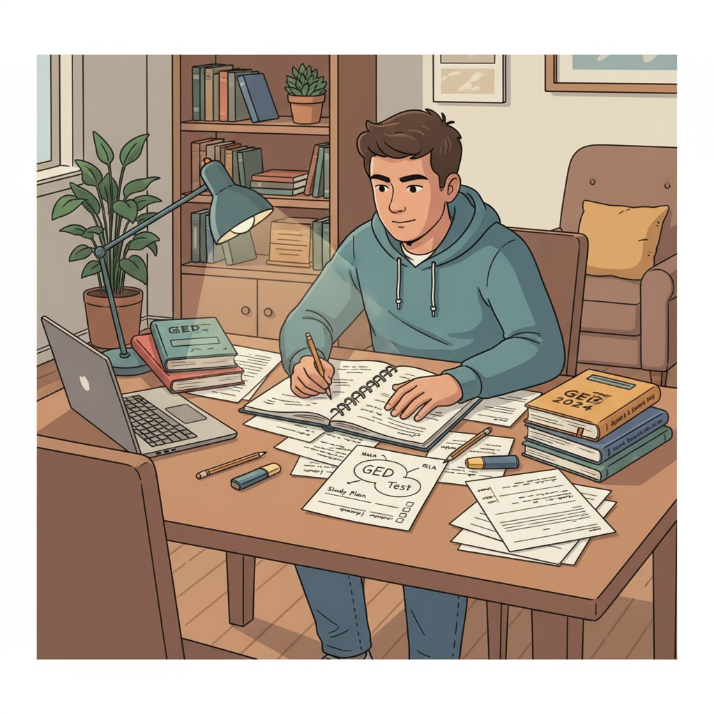 A student studying for the GED test at home in the context of GED test, high school dropout, and further education planning