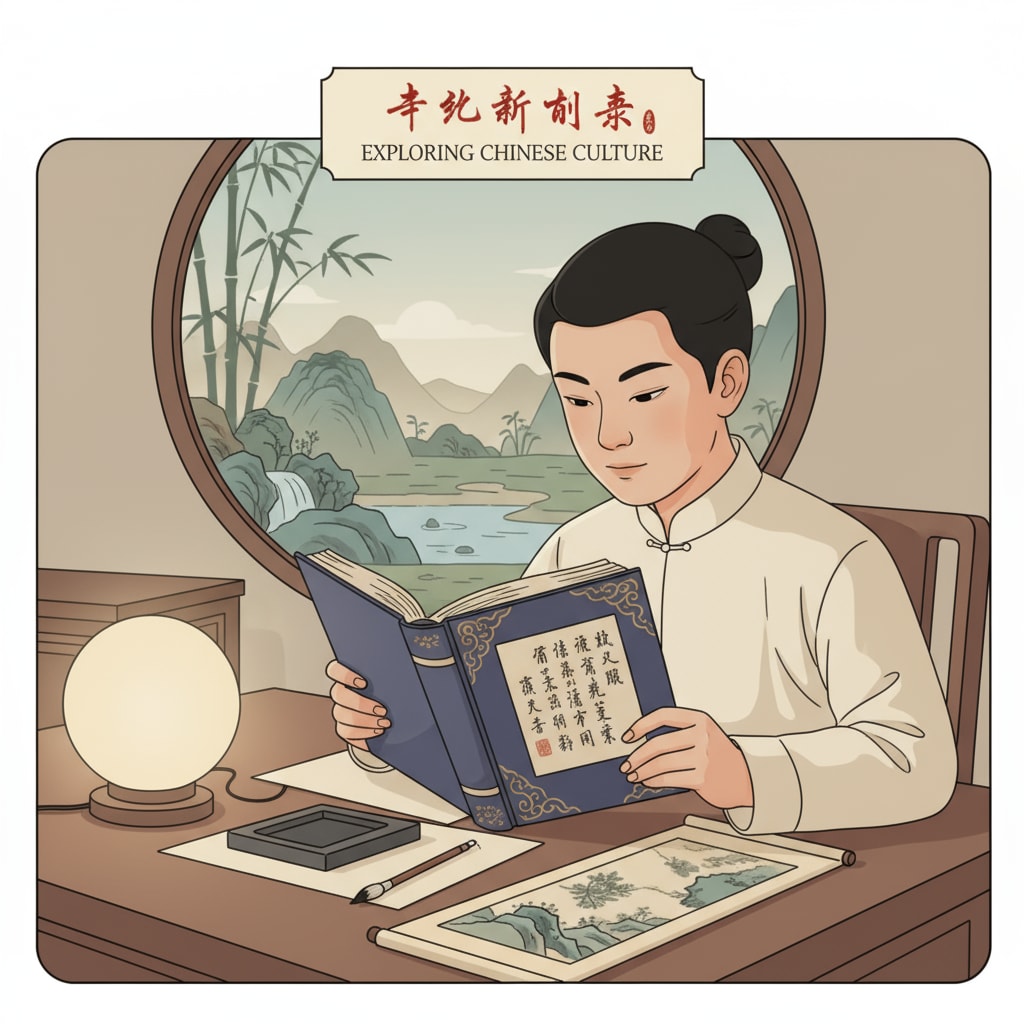 Student reading Chinese classic for cultural understanding