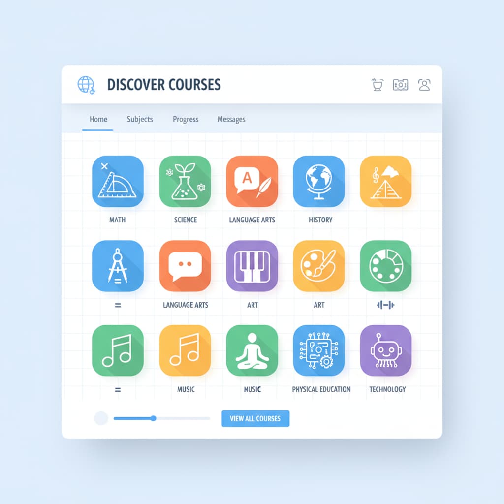 A screenshot of an online learning platform with icons representing different subjects such as math, science, language arts, etc. Screenshot of a free online learning platform for K12 students