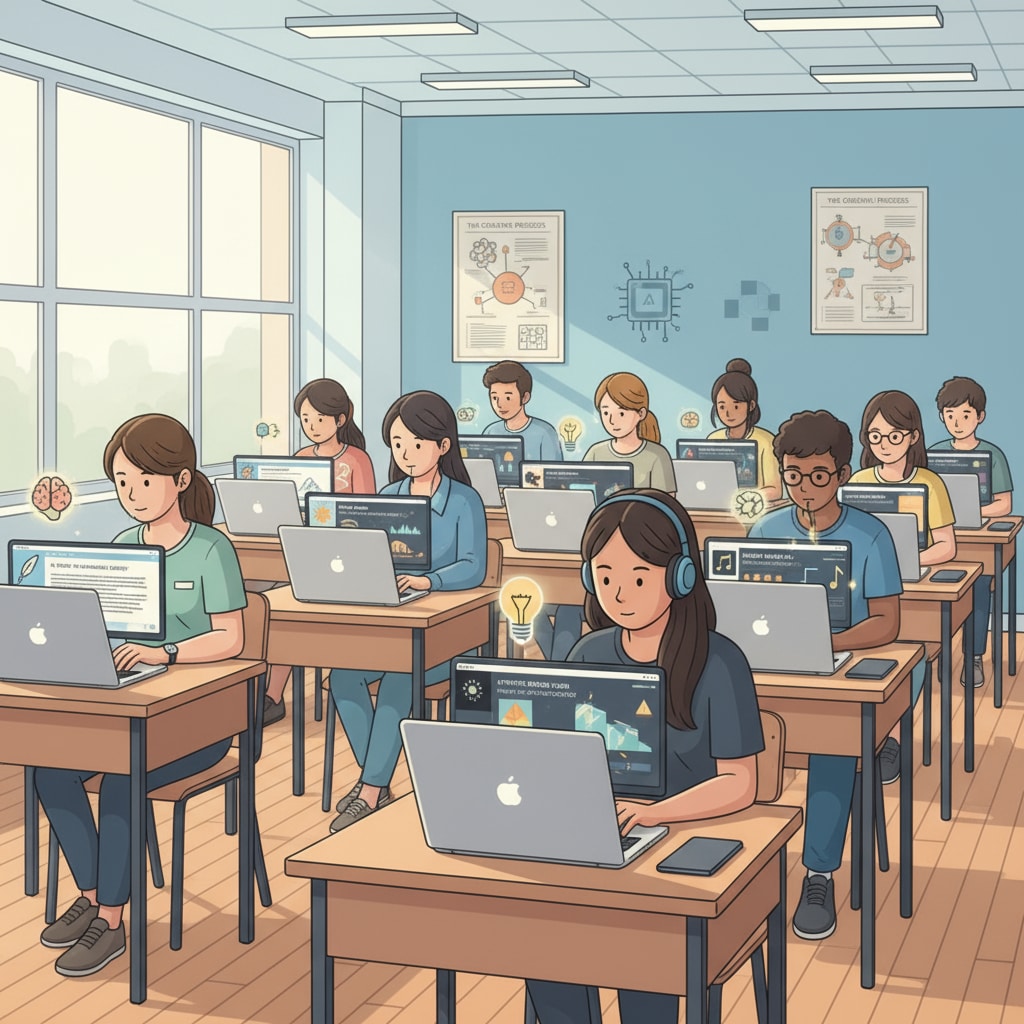 Students using AI writing and creation tools in a K12 classroom