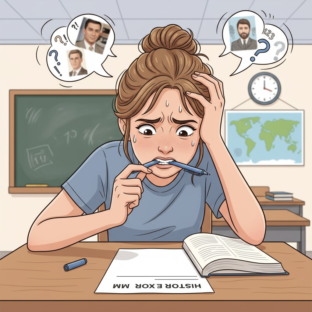 A stressed student during a test that emphasizes memory over critical thinking.