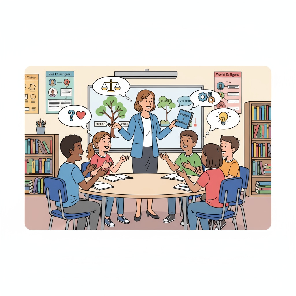 Students discussing moral and ethical values in a K12 classroom for civic education