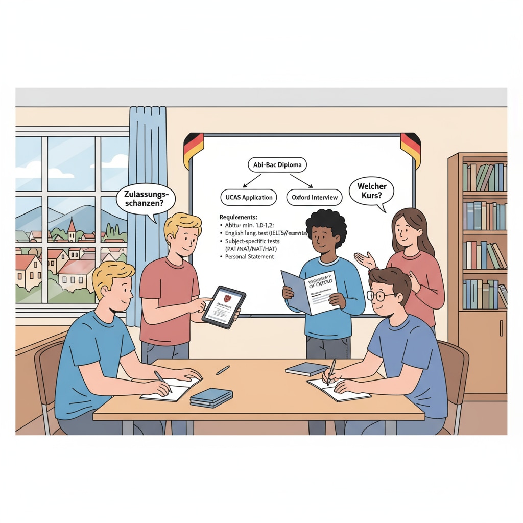 German students discussing Oxford University applications in a classroom