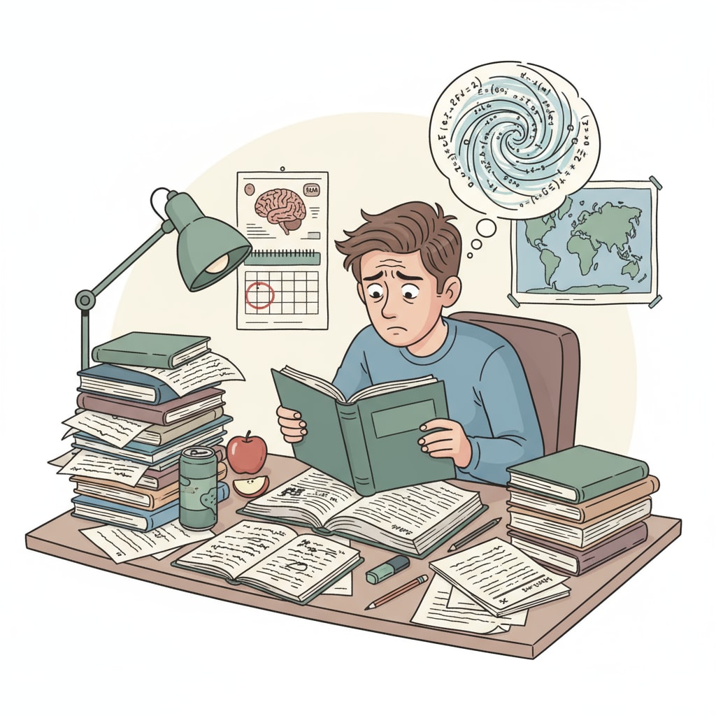 A stressed student studying for an exam due to inadequate preparation