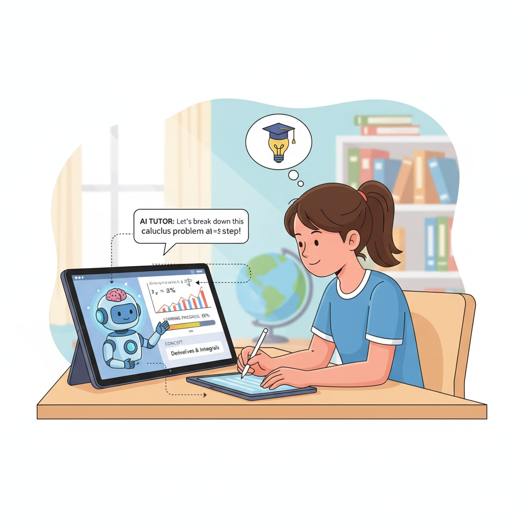 An illustration of an AI-powered tutoring system interacting with a student in the context of artificial intelligence education, algorithm teaching, and educational technology