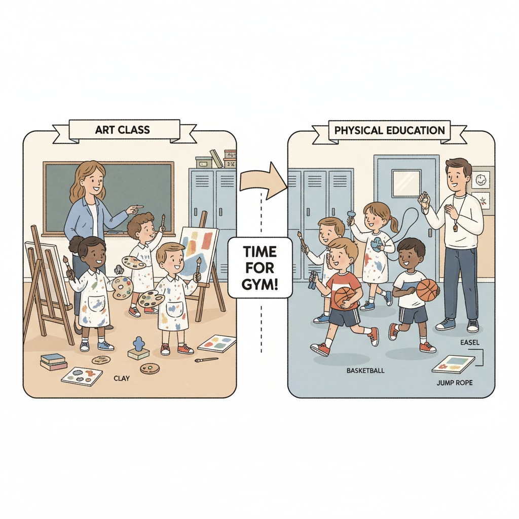 Students being redirected from art to physical education class, related to special courses, teacher substitutions, physical education courses, and subject values