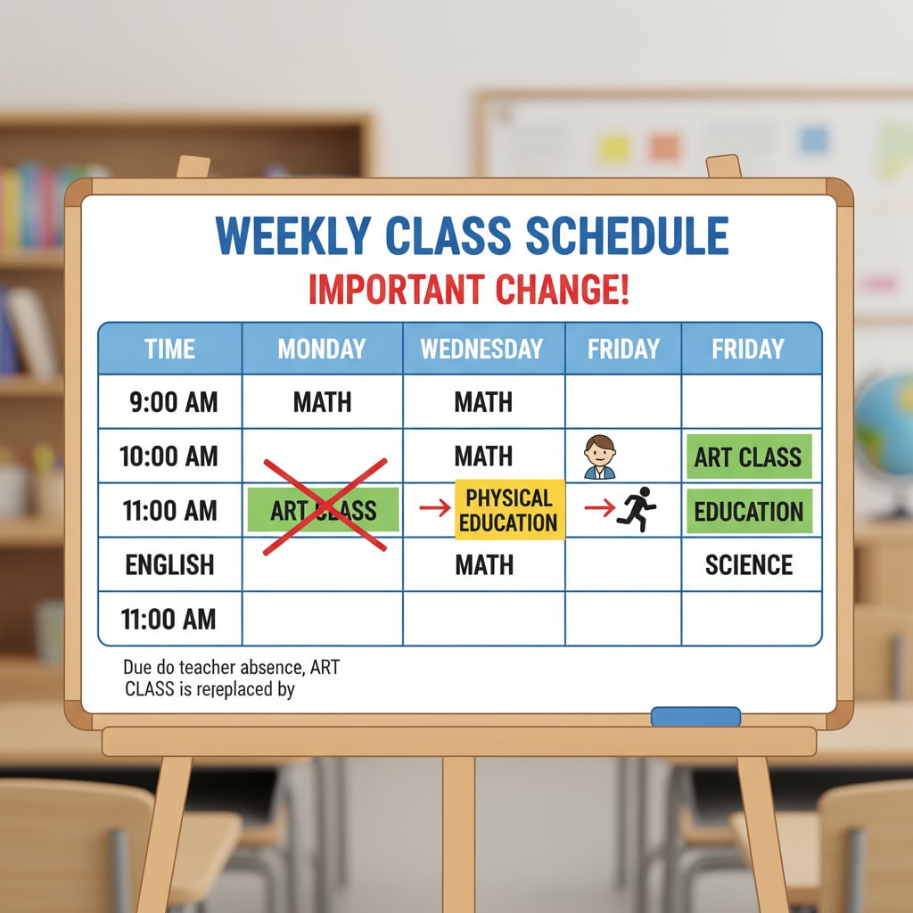 Schedule showing art class replaced by physical education class because of teacher absence, related to special courses, teacher substitutions, physical education courses, and subject values