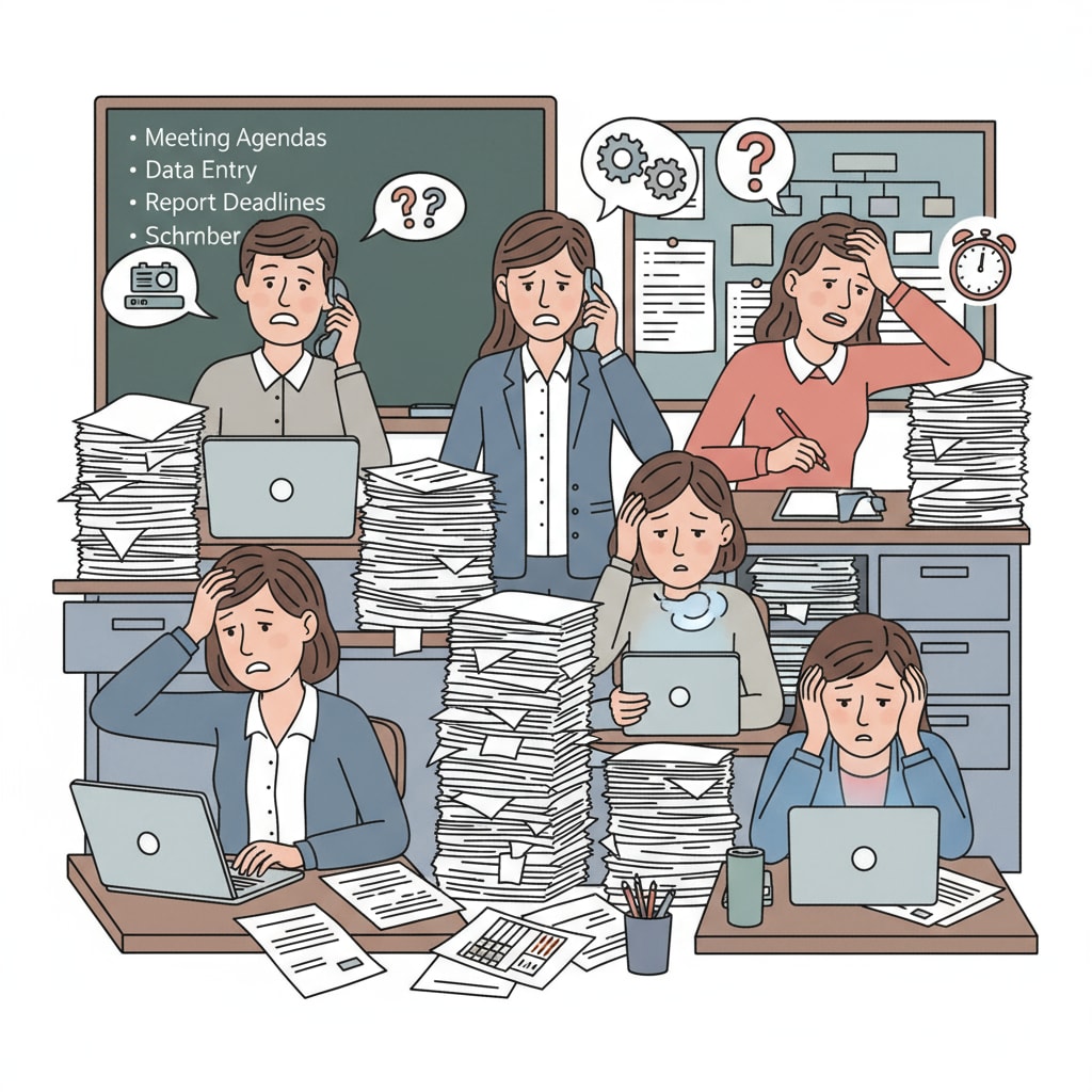 A group of teachers are gathered in a classroom, looking stressed as they deal with excessive administrative tasks. Teachers under pressure due to micro - management and lack of teaching autonomy
