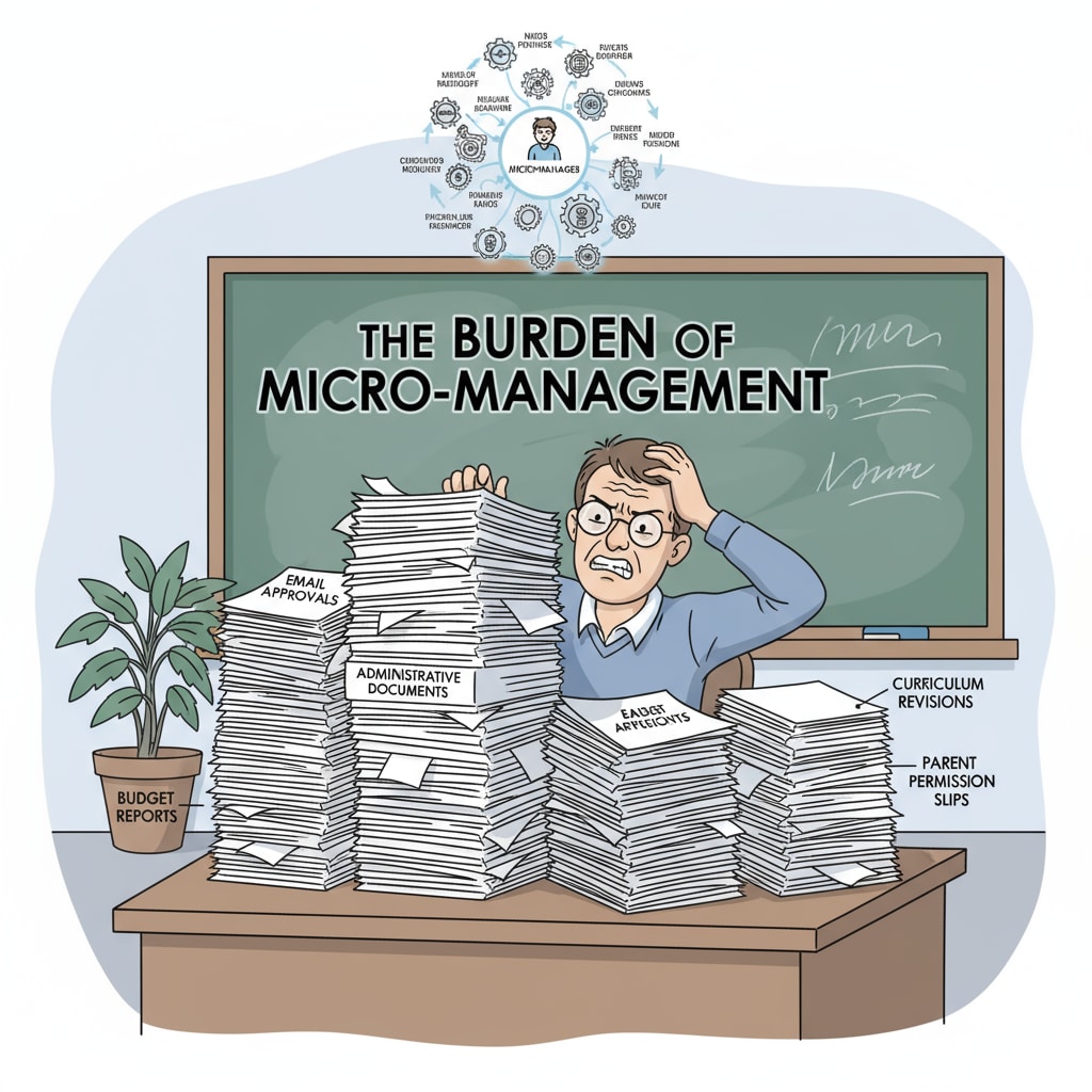A teacher is sitting at a desk, looking frustrated while going through a large stack of administrative documents, symbolizing the burden of micro - management. A frustrated teacher dealing with administrative overload related to micro - management and lack of autonomy