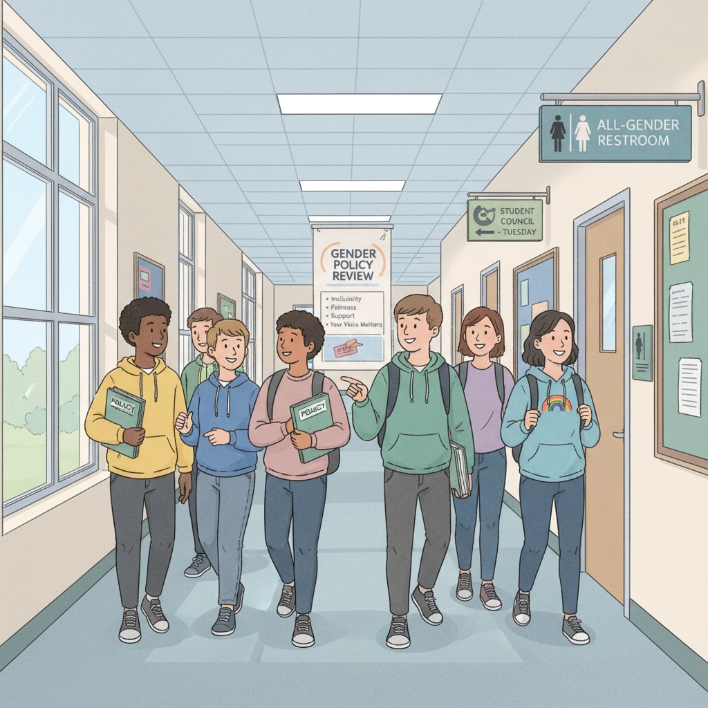 Students in school corridor related to Fairfax County schools' bathroom gender policy review