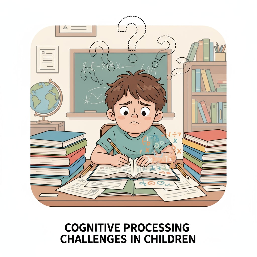 A confused child with cognitive disorder surrounded by study materials.