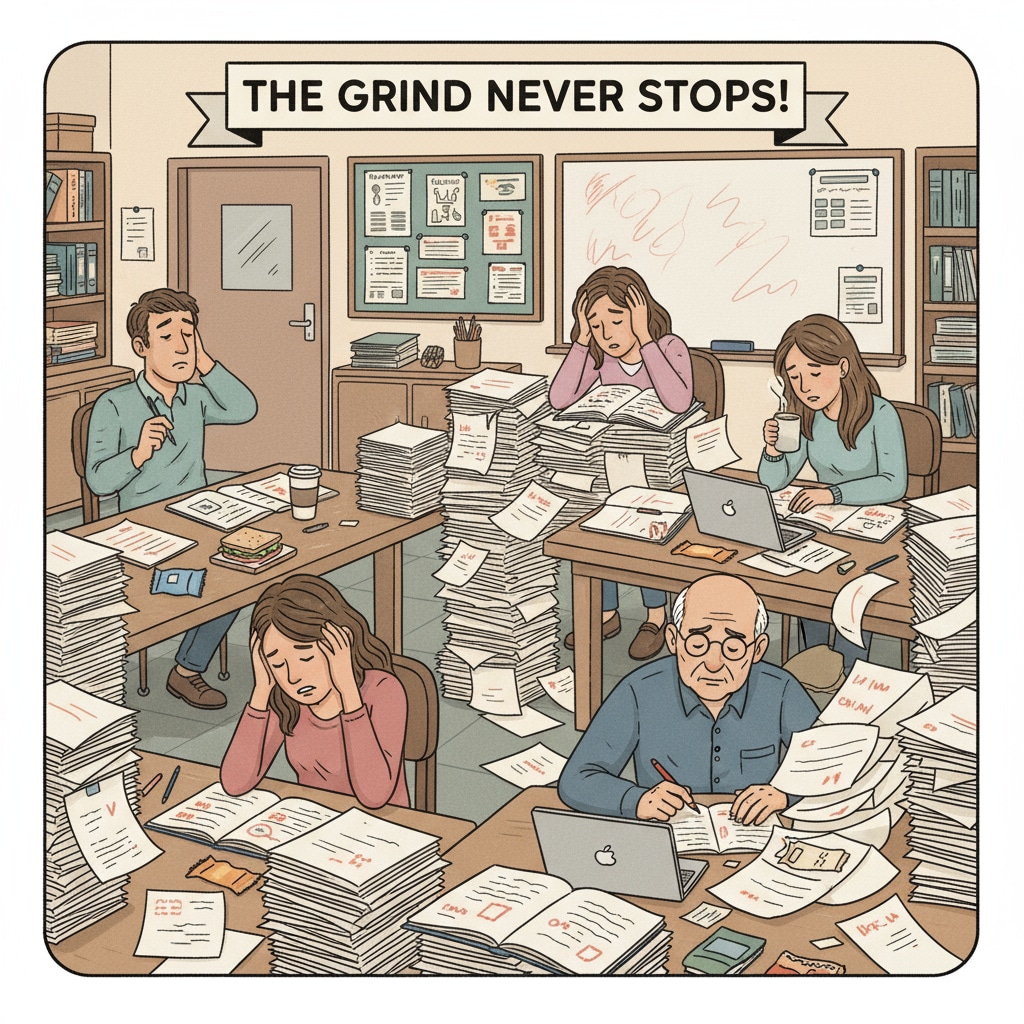 Teachers experiencing heavy workload and showing signs of burnout.