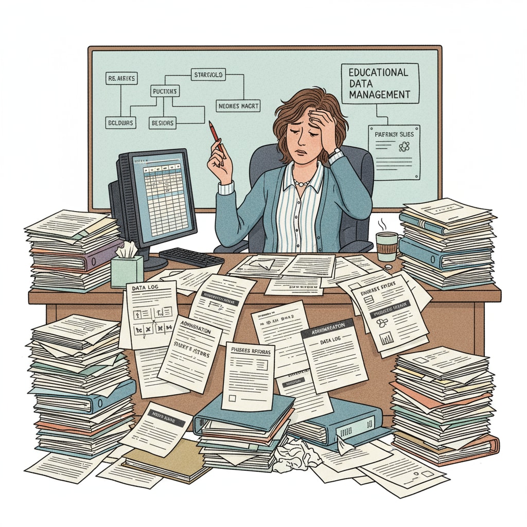 A teacher is sitting at a desk, surrounded by various papers related to data recording and administrative tasks, looking a bit overwhelmed. A teacher facing the burden of data recording and administrative requirements