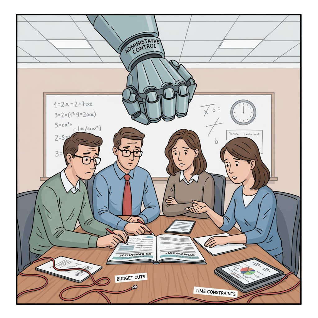 A group of teachers are gathered around a table, looking at a curriculum document with concerned expressions, indicating the challenges in curriculum planning under administrative control. Teachers struggling with curriculum planning due to administrative constraints