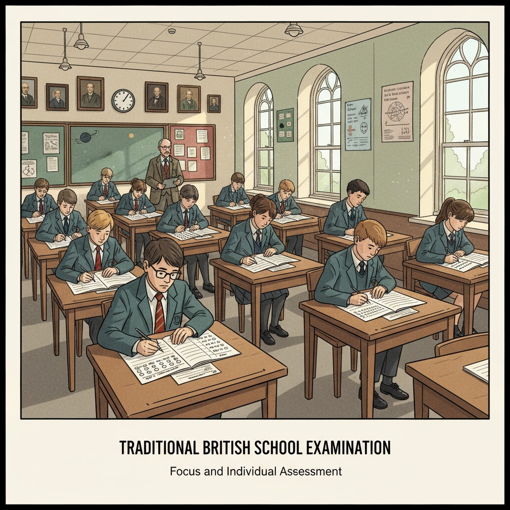 Students taking an exam in the British education system as part of student assessment