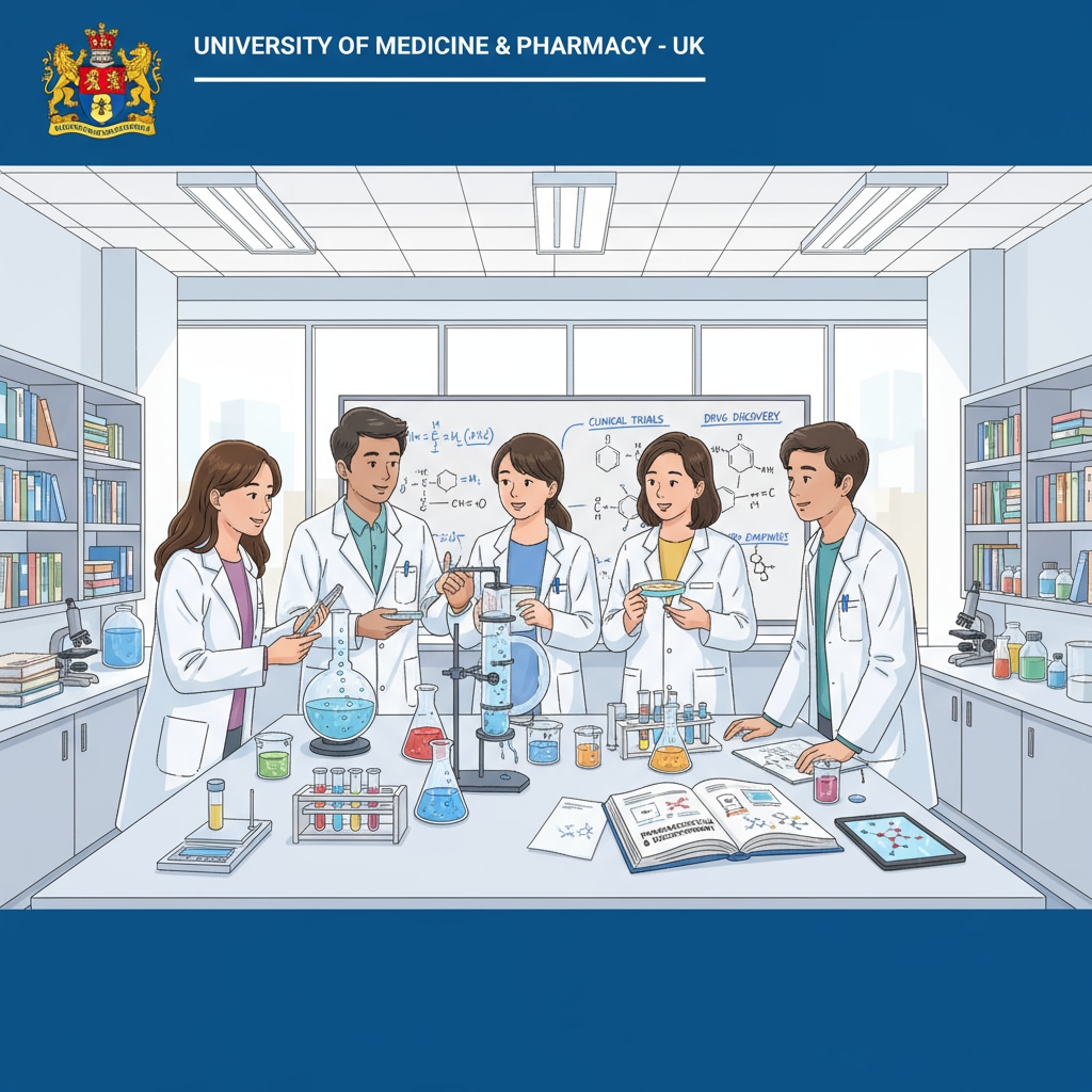 Students discussing pharmacy research in a UK university lab, related to pharmacy postgraduate admissions in UK education