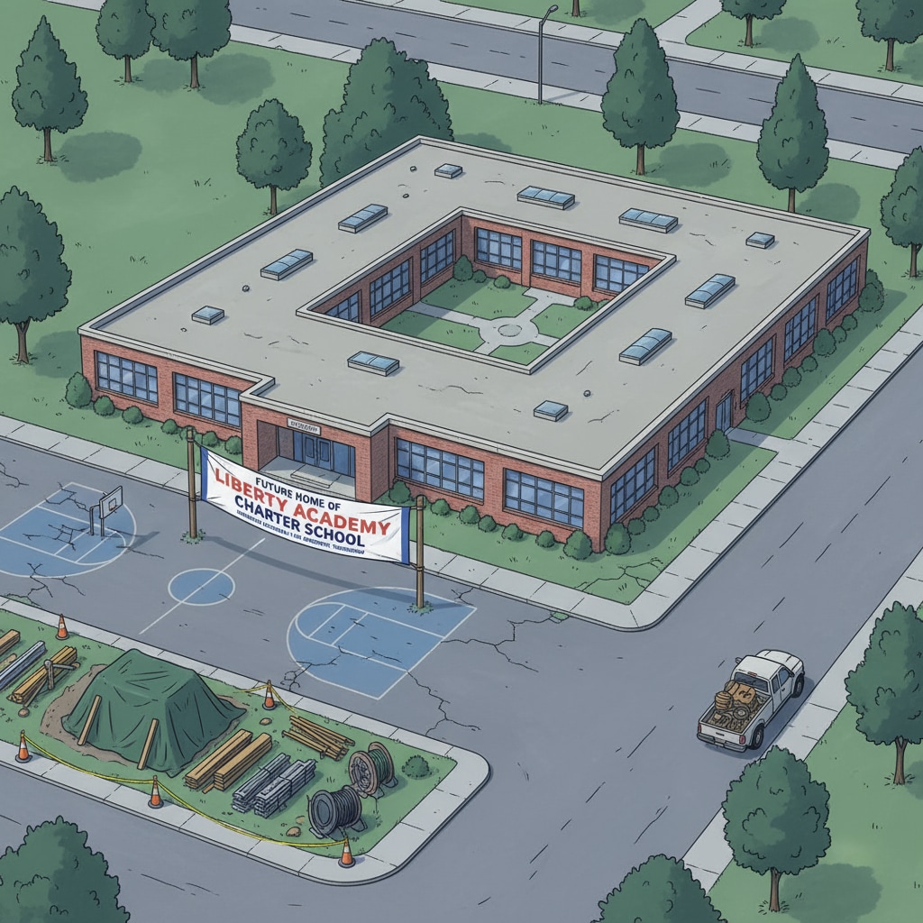 A closed public school building about to be converted into a charter school, highlighting the school districts, public schools, charter schools, community impact.