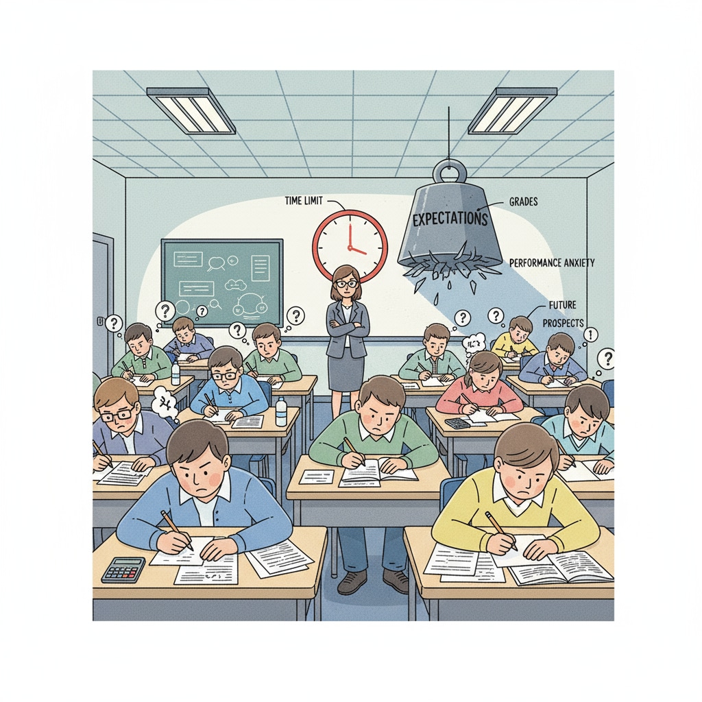 A classroom scene depicting the pressure of educational pursuits influenced by social pressure and herd mentality