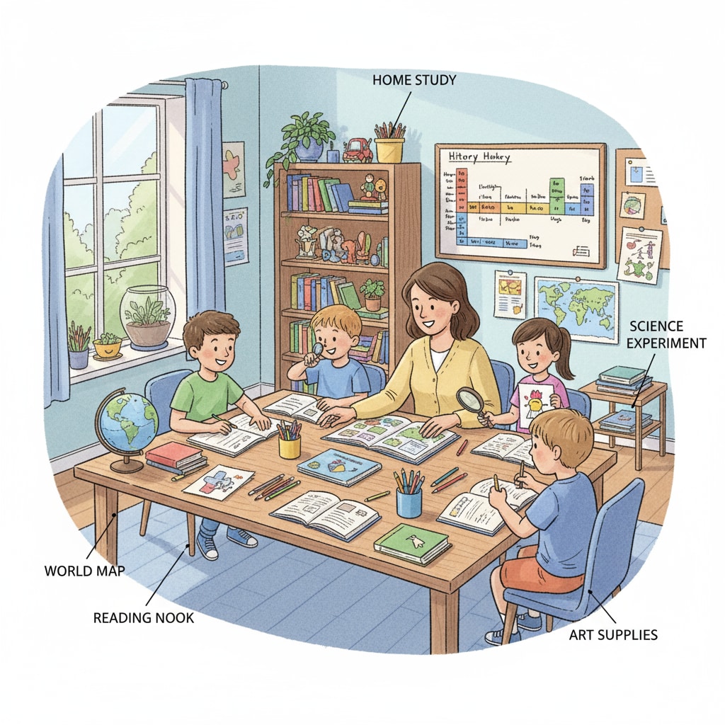 Home schooling environment with children studying at home