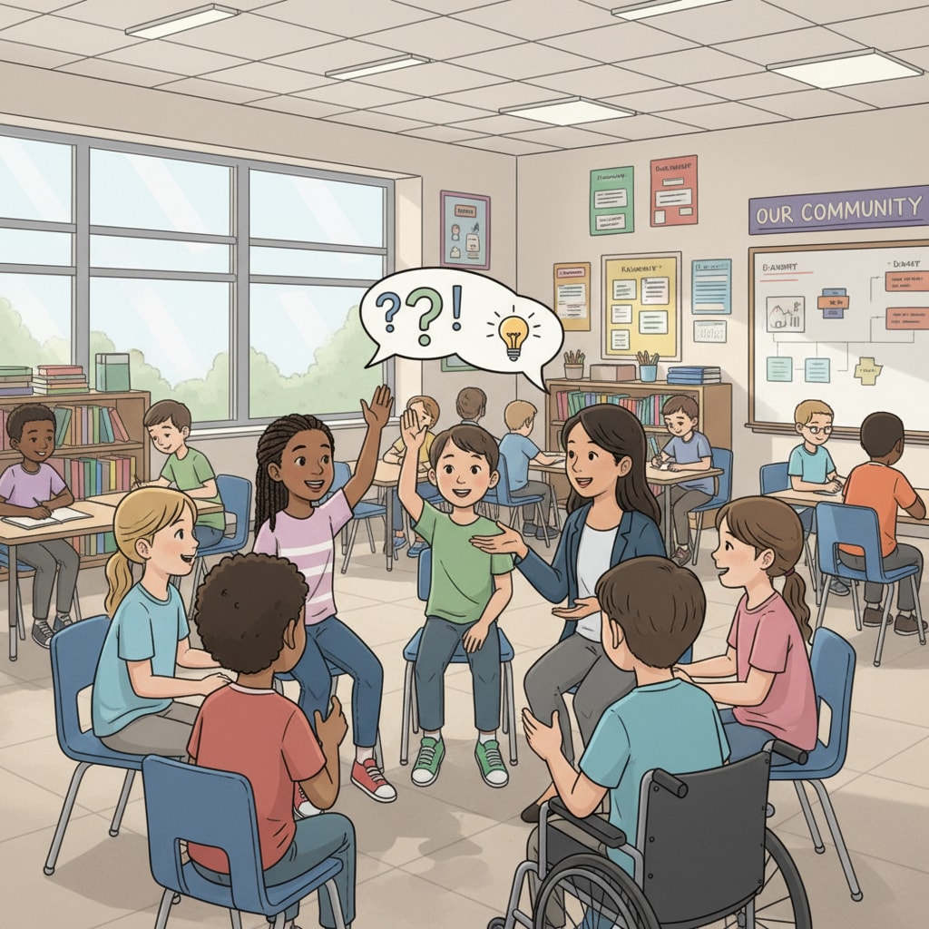 Diverse students in a public school classroom engaged in discussion