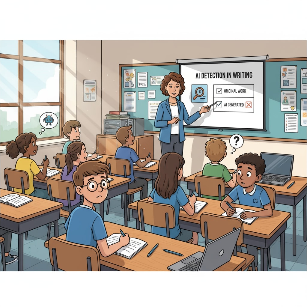 Students in a classroom, some looking worried as the teacher discusses AI detection in writing assignments Students reacting to the discussion of AI detection in writing classes related to AI writing, teaching transformation, and writing skills
