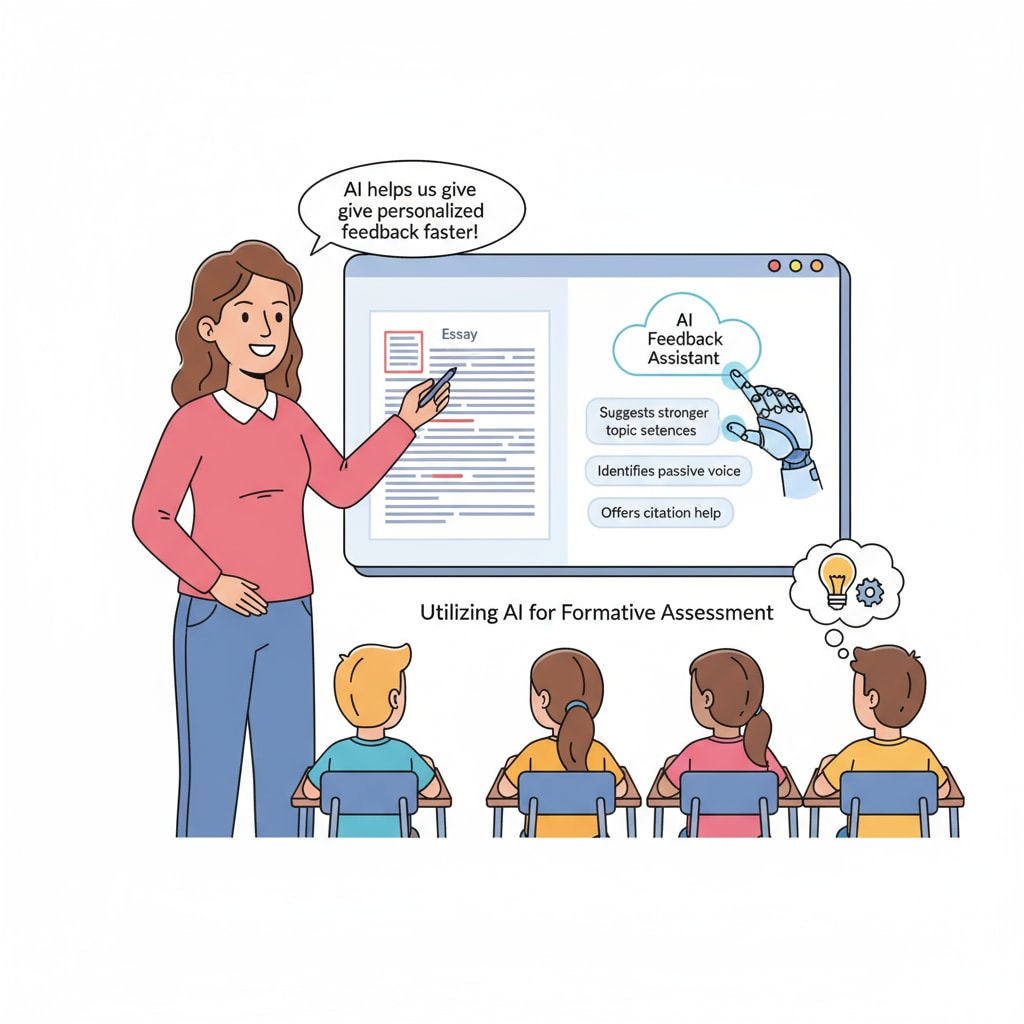 An educator demonstrating how an AI writing tool can be used to provide feedback to students Educator showing the use of an AI writing tool for feedback in the context of AI writing, teaching transformation, and writing skills