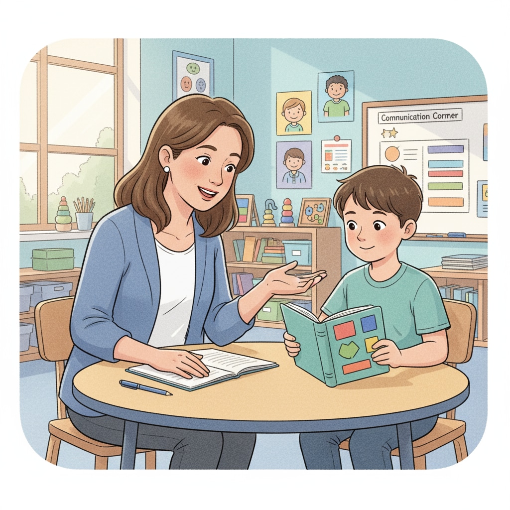 Special education teacher communicating with a student, related to educational master, special education, and career transition.