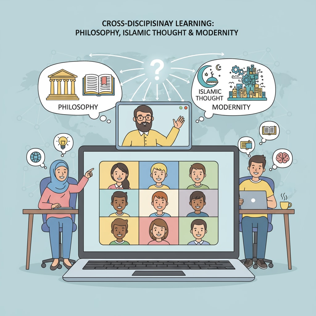 Students engaged in an online cross-disciplinary learning session related to online courses, philosophy, Islamic thought, and modernity