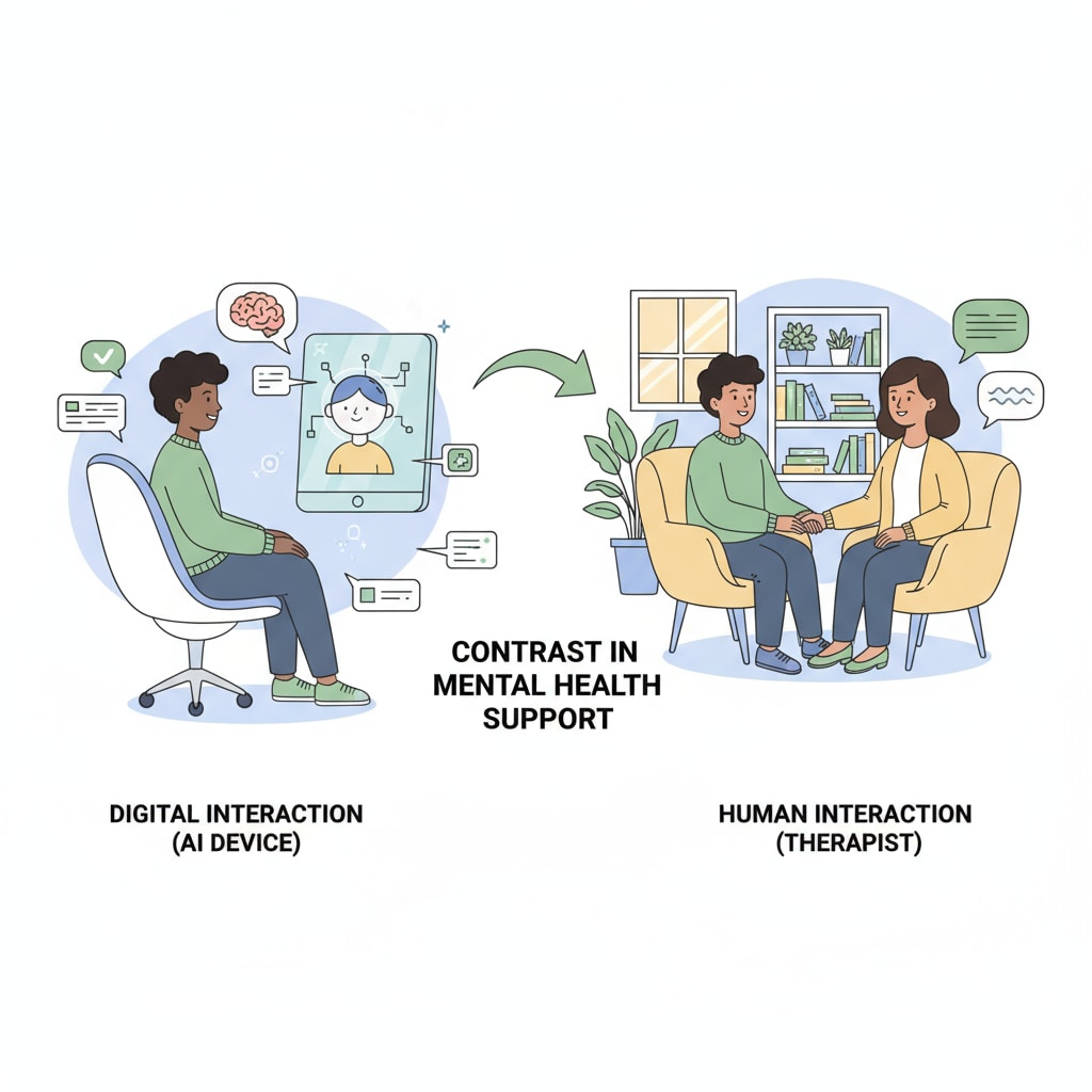 Illustration comparing student interaction with AI and human in psychotherapy research survey