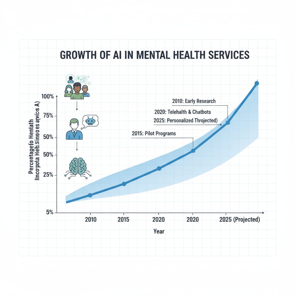 Graph showing the growth of AI in mental health services relevant to the research survey on AI and human in psychotherapy